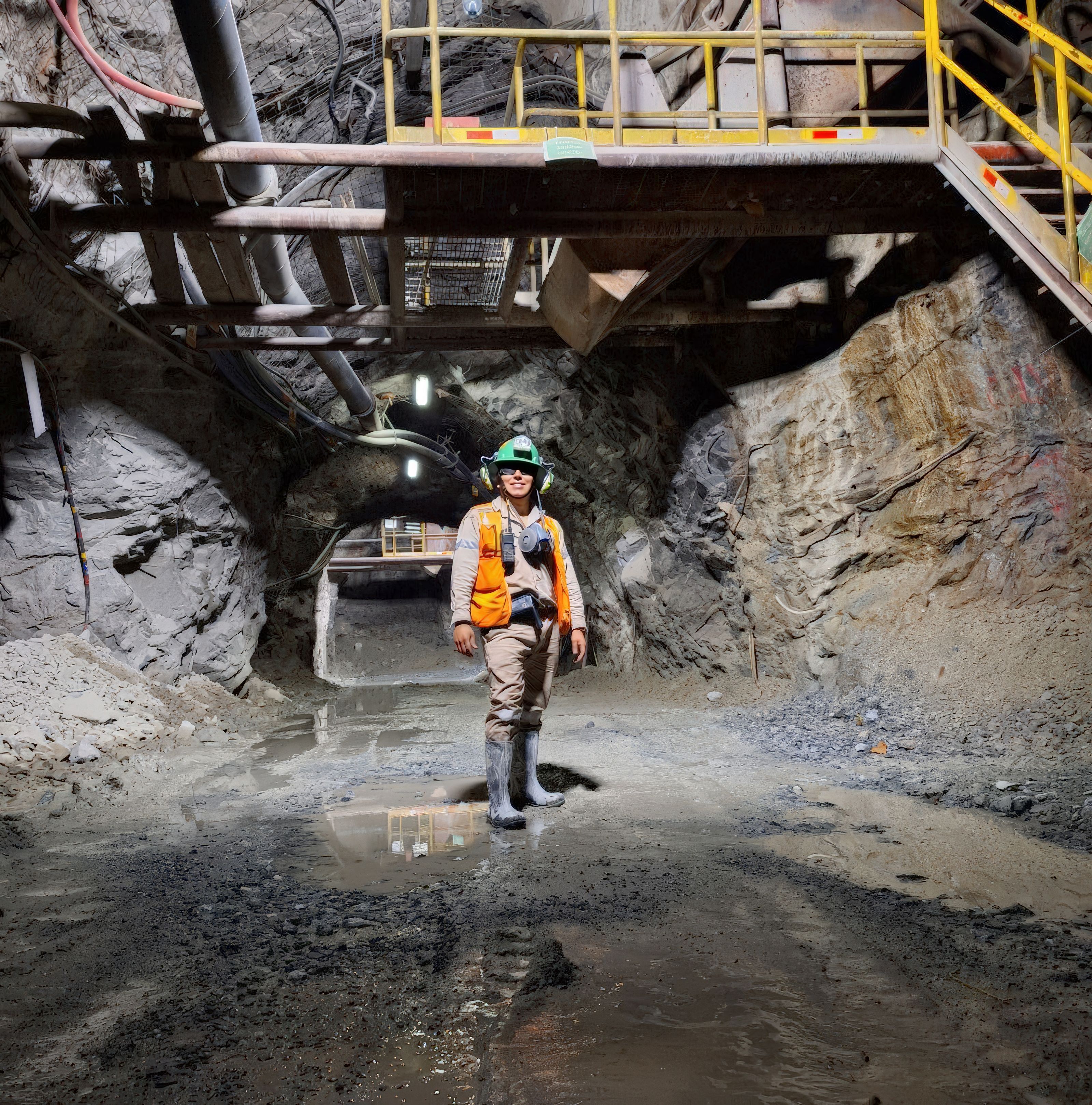 Mine engineer standing in an illuminated underground drift